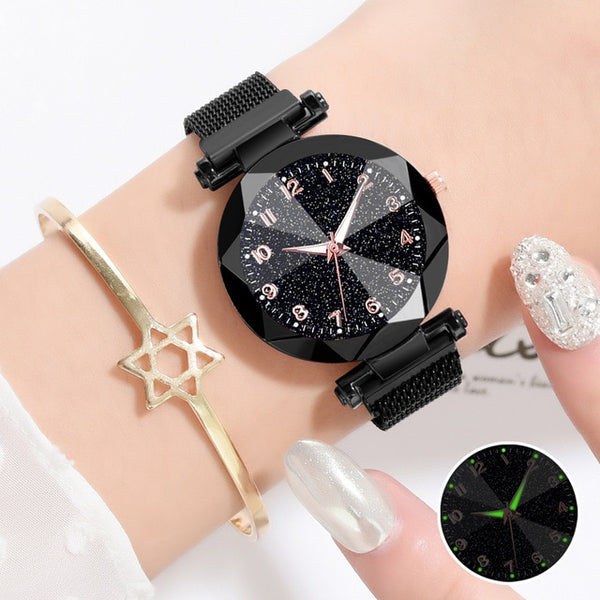 Watches Women Fashion Luxury Stainless Steel Magnetic Buckle Strap Refractive surface Luminous Dial Ladies Quartz Watch