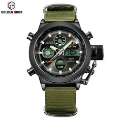 Fashion Army Cool Men Military Watch Canvas Strap Hours Steel Case 3 ATM Waterproof  Sports  LED Digital Analog Quartz Clock