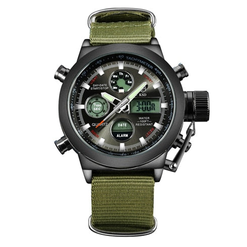 Fashion Army Cool Men Military Watch Canvas Strap Hours Steel Case 3 ATM Waterproof  Sports  LED Digital Analog Quartz Clock