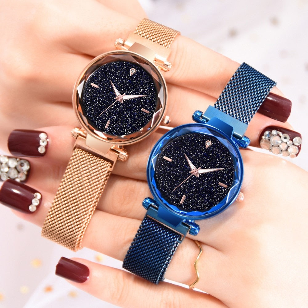 Luxury Diamond Rose Gold Women Watches Fashion Ladies Starry Sky Magnetic Watch Casual Mesh Steel Rhinestone Female Wristwatch