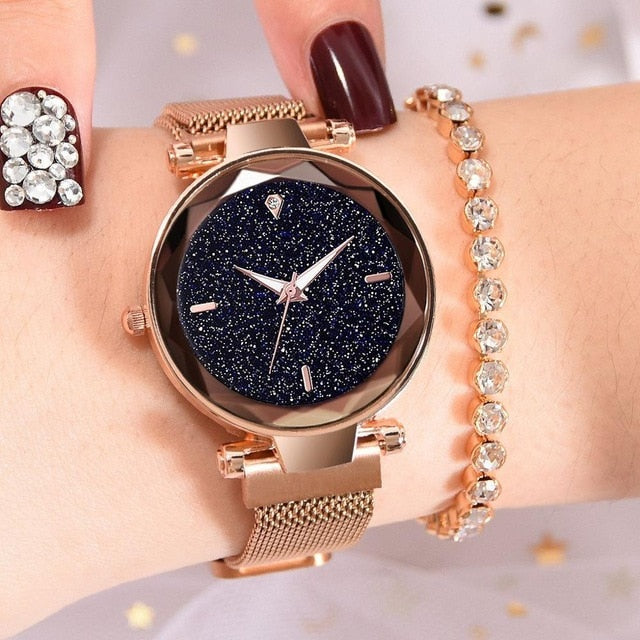 Luxury Diamond Rose Gold Women Watches Fashion Ladies Starry Sky Magnetic Watch Casual Mesh Steel Rhinestone Female Wristwatch