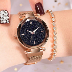 Luxury Diamond Rose Gold Women Watches Fashion Ladies Starry Sky Magnetic Watch Casual Mesh Steel Rhinestone Female Wristwatch