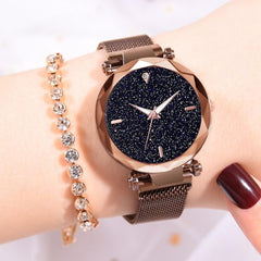 Luxury Diamond Rose Gold Women Watches Fashion Ladies Starry Sky Magnetic Watch Casual Mesh Steel Rhinestone Female Wristwatch
