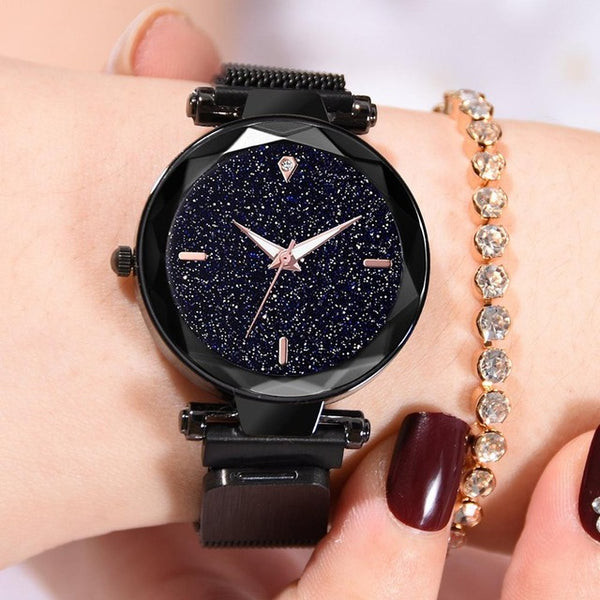 Luxury Diamond Rose Gold Women Watches Fashion Ladies Starry Sky Magnetic Watch Casual Mesh Steel Rhinestone Female Wristwatch