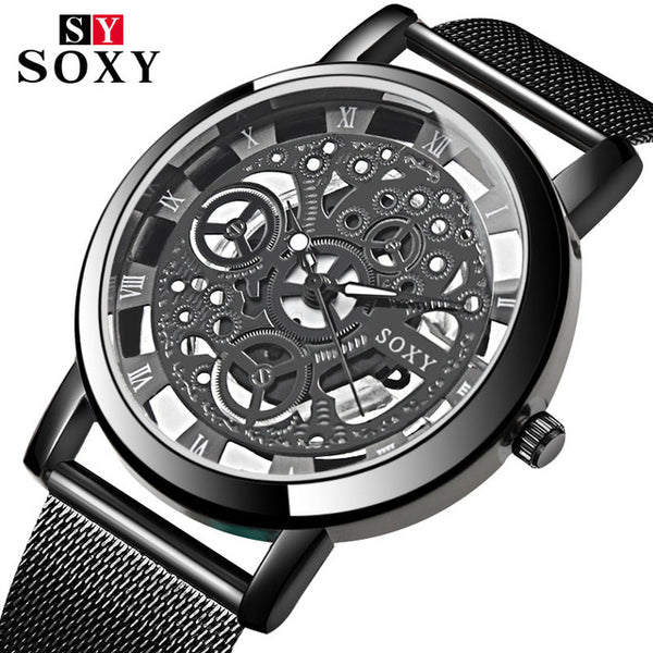 SOXY Watch 2019 Skeleton Wrist Watch Men Simple Style Mesh Belt Men Women Unisex Quartz Watches Hollow Watches relogio masculino